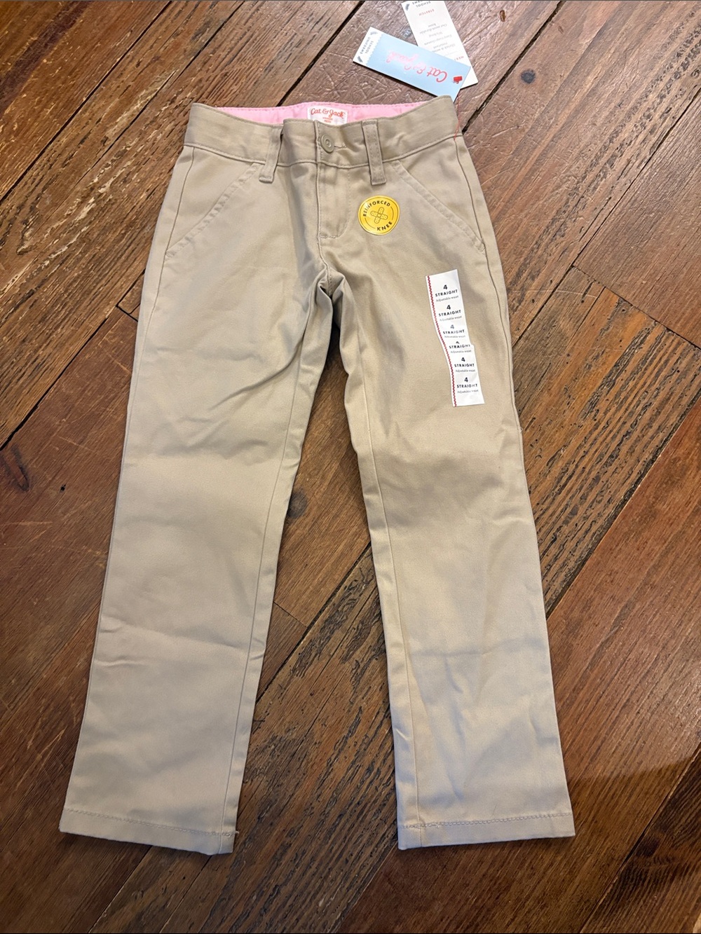 Cat & Jack Khaki Straight-Leg School Uniform Pants with Pink Waistband